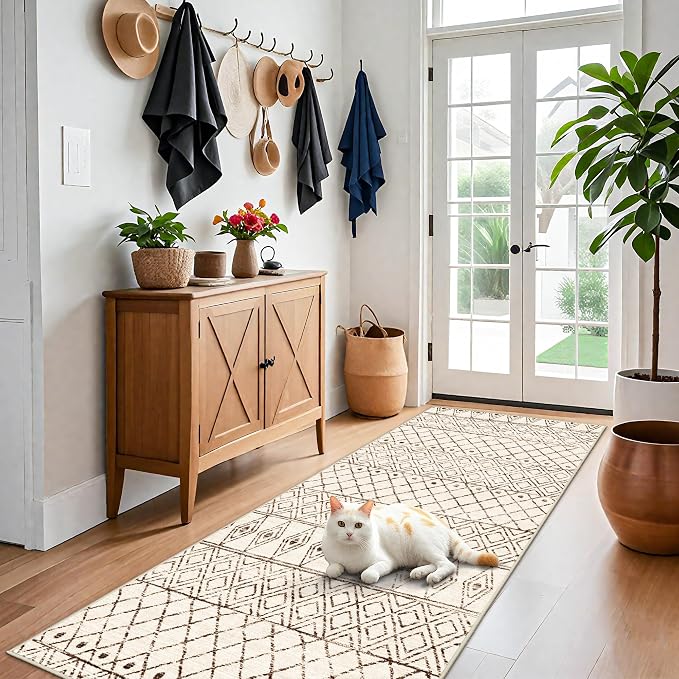 4x8 Geometric Beige Hallway Runner Rug: Moroccan Machine Washable Runner | Non Slip Low Pile Soft Pets Friendly Rugs - Indoor Carpet for Kitchen Bedroom Entryway Laundry