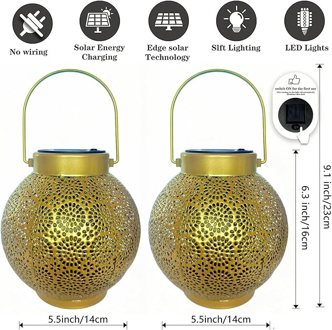Solar Lanterns Outdoor Hanging 2 Pack, Waterproof Metal Garden Lights with Polka Dot Cutout Design, Dusk to Dawn Auto On/Off LED Decorative Lamp for Patio Porch Yard Tabletop, Shiny Gold