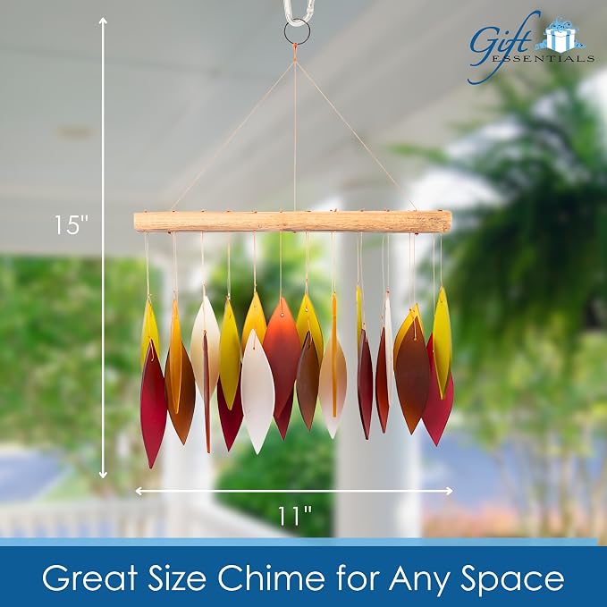 Blue Handworks Fall Leaves Glass & Driftwood Chime, Sandblasted Glass and Found Wood Handcrafted Wind Chime | Sandblasted Glass and Found Wood Handcrafted Wind Chime