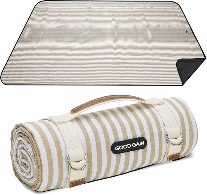 G GOOD GAIN Picnic Blankets Waterproof Extra Large - Outdoor Blanket Sand Free Foldable with Carry Strap for Beach, Camping, Park Grass, Hiking, Travel, Concerts, Indoor (Sand Yellow)
