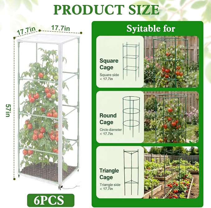 6 Pcs Tomato Netting for Garden Protection, 57" X 17.7" X 17.7" Square Tomato Cage Insect Barrier Plant Netting Mesh Cover with Zipper & Drawstring, for Vertical Climbing Plants Vegetables Fruits