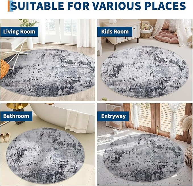 ROYHOME Modern Abstract 8x8 Round Area Rug Non Slip, Grey | Non Shedding Rug Low Pile Stain Resistant for Bedroom Living Room office Dining Room