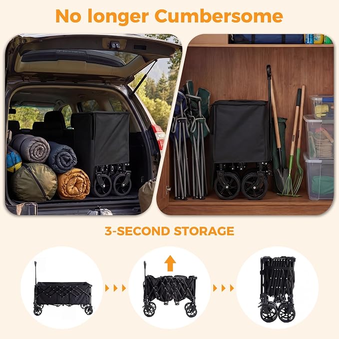 NEWBULIG Foldable Wagon Cart, 440LB Heavy Duty Collapsible Wagon with Extra-Long Storage, All-Terrain Wheels, Portable Utility Cart Wagons for Groceries, Camping, Sports, Beach, Garden, Black