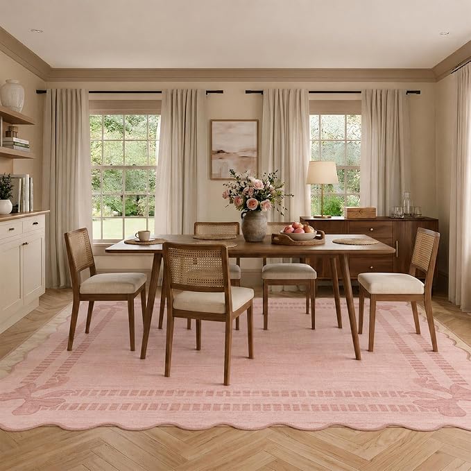 Latte&Fog 8x10 Area Rugs for Living Room Washeble Cute Scalloped Pink Rug | for Girls Bedroom Dining Kitchen Kids Playroom Nursery Classroom Dorm Farmhouse Office, Non Slip Low Pile Soft Floral Carpet