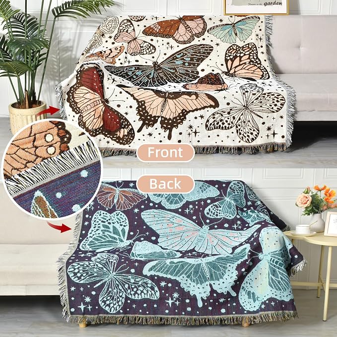Boho Throw Blanket Reversible Cotton Bohemian Tapestry Hippie Room Decor Double Sided (Month Moth Print 50"x60")