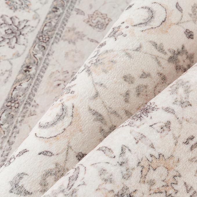 Beige 8x10 Washable Area Rug Neutral Vintage Floral Carpet | Soft Low Pile, Non Slip, Stain Resistant, Retro Accent Decor for Living Room, Bedroom, Dining Room, Kids Room, Office