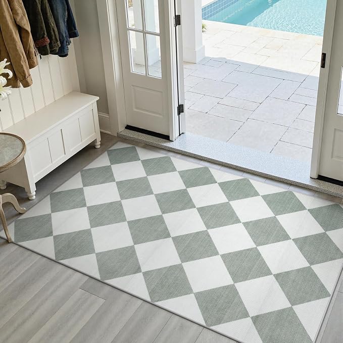 Beeiva Checkered Print 3x5 Washable Rug for Entryway, Non Slip Soft Small Bedroom Rug 3x5 Ultra Thin Moroccan Bathrooom Decor, Gingham Plaid Carpet for Laundry Entry Kitchen Nursery (Green/White)