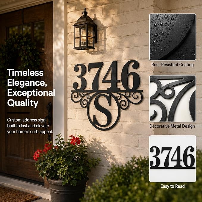 Custom Metal Address Sign for Home Personalized House Number Plaque Decorative Laser Cut Monogram Front Porch Wall Art Elegant Entryway Decor for Family Homes