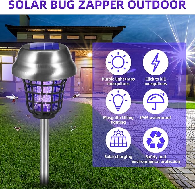 Solar Bug Zapper Outdoor Waterproof Mosquito Repellent Outdoor Patio Mosquito Trap & Killer for Backyard, Farm, Garden, 2026 Solar Powered Fly Zapper for Small Flying Insect, Gnats, Flies, Moths(4)