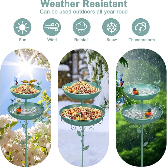Bird Bath for Outside Green 2-in-1 Freestanding Garden Birdbath | Metal bird bath with floral scroll 5-Pronged Base Deep large bowl for birds drinking & bathing Yard patio landscape decor