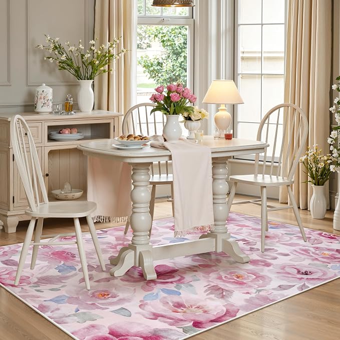 Lahome Pink Floral Area Rug 3x5 for Bathroom and Bedroom | Non-Slip Entryway Rug, Ultra-Thin Washable Stain Resistant Boho Throw Rug for Vanity