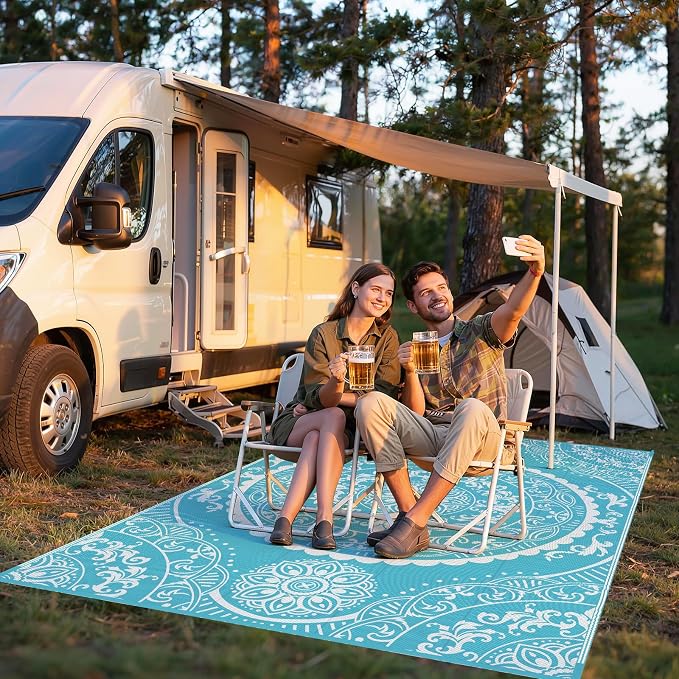 Pauwer Waterproof Outdoor Rug 6x9, Reversible Plastic Straw Patio Camping Rug, Indoor Outdoor RV Mat Carpet for Deck, Camper, Porch, Balcony, Backyard, Picnic, Paisley Teal