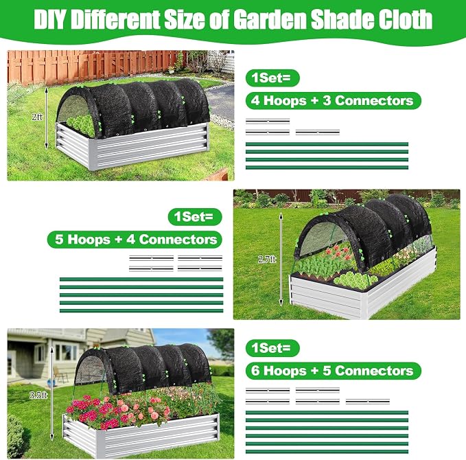 10 X 6.5FT 75% Garden Shade Cloth with Hoops, Plant Shade Cloth Garden Greenhouse Grow Tunnel for Heat Protection, Raised Bed Row Cover Black Netting Tarp for Outdoor Outside Patio Chicken Coops