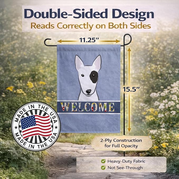 Caroline's Treasures BB1395GF Bull Terrier Welcome Garden Flag, Blue Mailbox Flag Decorative Yard Flag Banner Outside Patio Artwork Yard Flower Beds, Garden Size, Multicolor