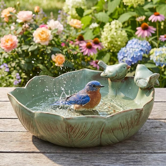 Large Ceramic Bird Bath for Outdoors, 10.1" Garden Bird Bath Bowl Only, Handmade Tabletop Ground Birdbath Bowl, Weather Resistant Wildlife Water Bowl for Outside, Garden, Balcony and Lawn