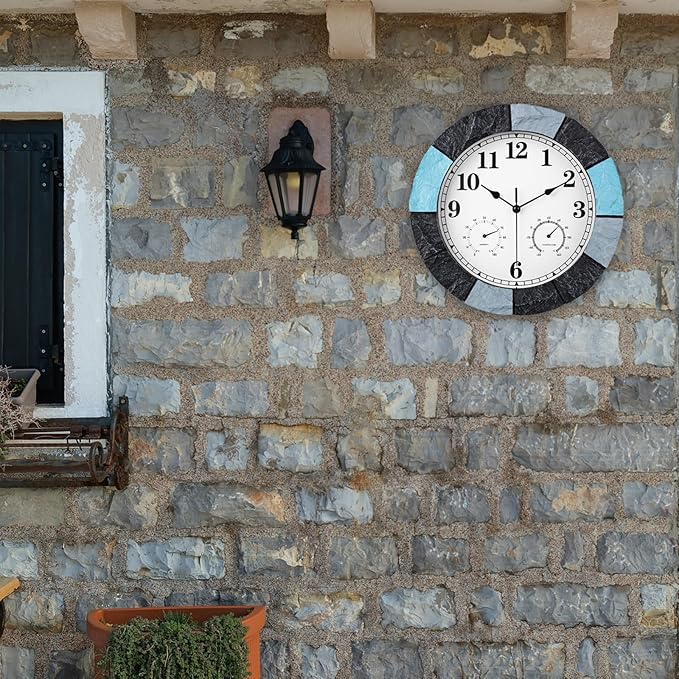 JoFomp 13 Inch Resin Faux-Stone Outdoor Clocks Waterproof with Thermometer and Hygrometer Combo, Large Outdoor Clocks for Patio, Outdoor Wall Clocks Battery Operated, Outside Clock for Pool/Home