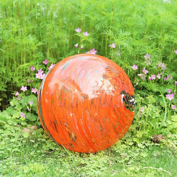 VCUTEKA Gazing Ball, Glass Gazing Balls Garden Globe Decor 10" Orange | Handcrafted orange swirl glass gazing balls that creates elegant garden focal point in any outdoor landscape yard decorative