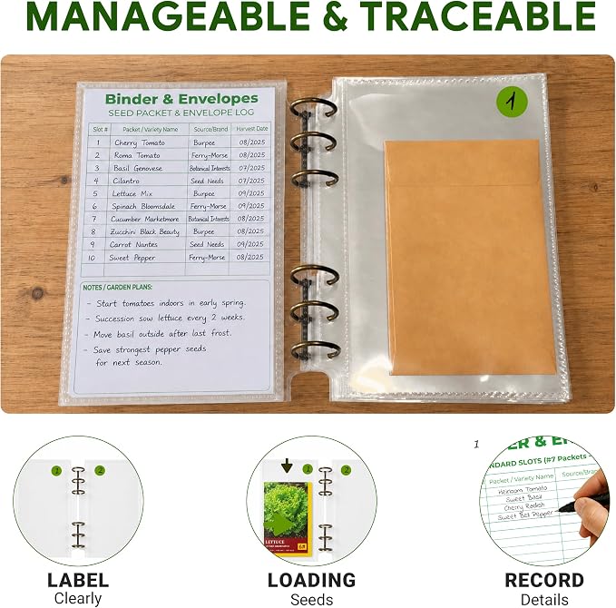 30 Slot Seed Storage Organizer with Seed Binder,For Graden Seeds Storage | Seeds Storage Box with 10-Pockets Seeds Binders, Labels, Registry Card, 20 Seed Envelopes