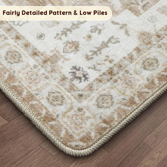 LBRO2M Machine Washable Rug Soft Pet Friendly Carpet 8X10 Cream | Persian Rug 8X10 for Living Room, Bedroom, Dining Room, Home Office, Non Slip Carpet, Foldable Stain Resistant Rugs