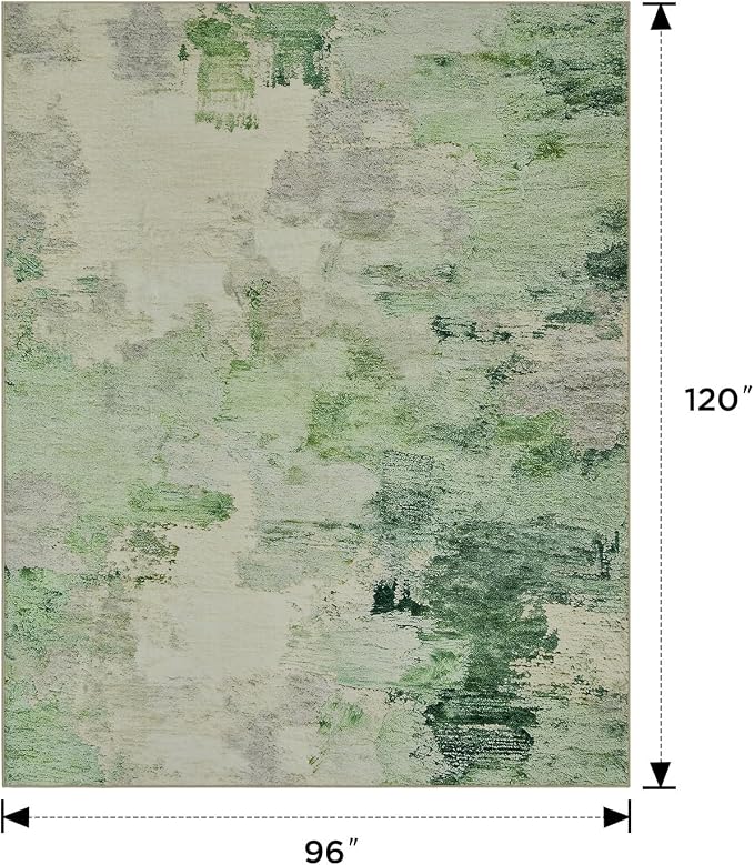 Joydeco Washable 8x10 Light Green Abstract Low Pile Living Room Area Rugs | Non-Slip Soft Stain Resistant Machine Wash Modern Pet Child Friendly Carpet for Bedroom Dining Room Home Office Playroom Rug