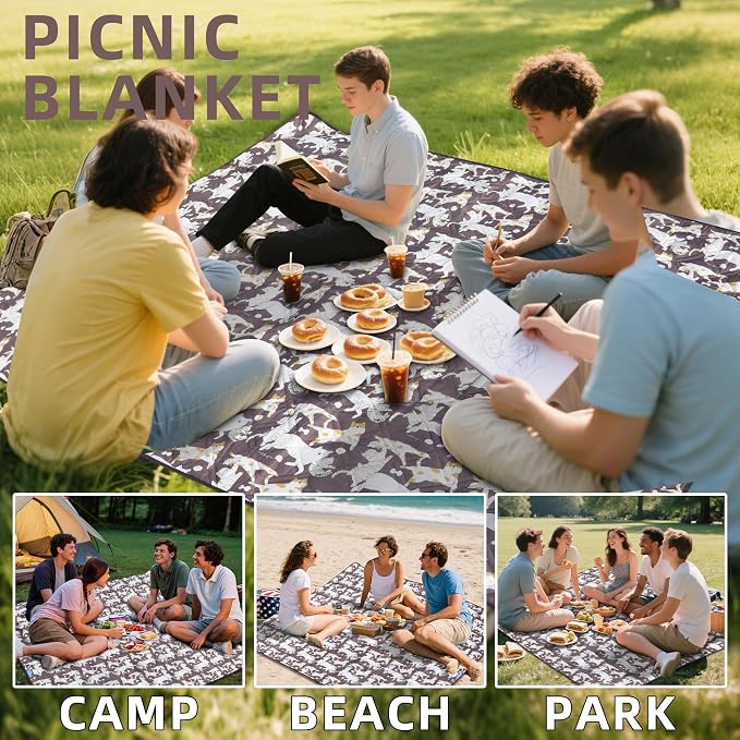 Double Thickened Picnic Blanket, 80x80 Inches, White Fish Pattern, Cotton Filled, Portable Foldable with Leather Carry Strap, Beach and Camping