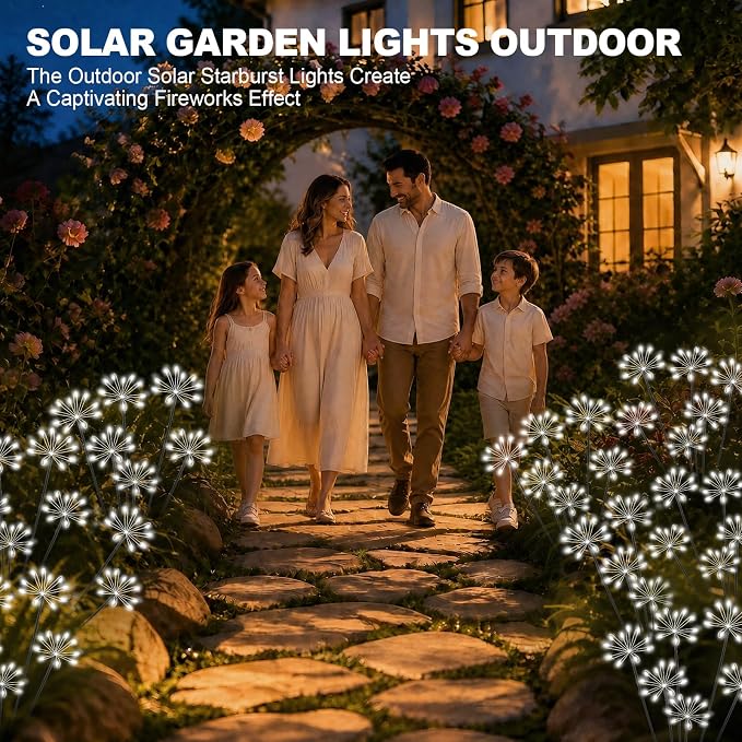 Solar Garden Lights Outdoor, Upgraded Solar Swaying Starburst Light Waterproof with 2 Modes, Solar Fairy Firework Lights for Yard Patio Pathway Flowerbed Balcony Garden Decoration (White, 4 Pack)