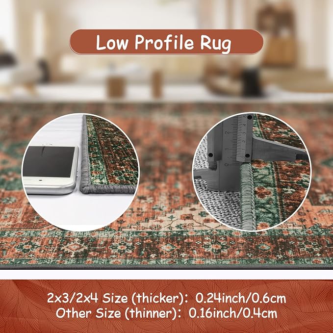 Moynesa 8x10 Ultra-Thin Vintage Area Rug - Oriental Print for Bedroom, Living Room, Under Table, Office, Entryway - Brick Red/Dull Teal