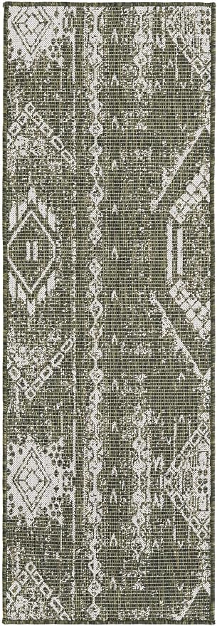 Unique Loom Outdoor Bohemian Collection Area Rug - Anthro (2' x 6' 1" Runner, Green/ Ivory)