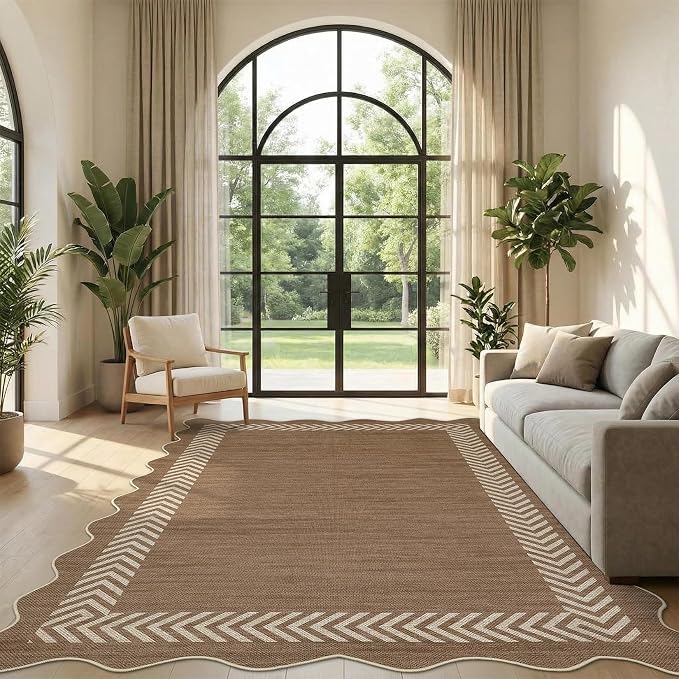 Garvee Large Area Rug 10x13 Rugs Easy Jute Washable Rug, Brown | Scalloped Area Rug Stain Resistant Easy Cleaning Throw Rugs Low Pile Floor Cover for Nursery Dining Room Apartment