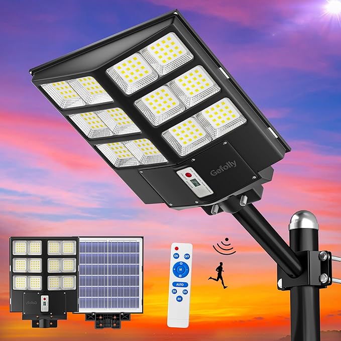 Gefolly SL-2000W Solar Street Lights Outdoor, 200000LM Commercial Parking Lot Light, 6500K Dusk to Dawn IP67 Security Flood Lights Motion Sensor Led Lamp for Basketball Court, Road, Yard