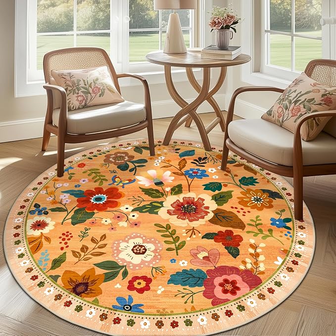 RELEANY Floral Washable Round 6ft Area Rug Orange/Yellow/Red | Flower Carpet, Print, Boho, Non-Slip, Easy to Clean, Soft, Low Pile for Living Room Bedroom Kitchen Office Entryway Hallway