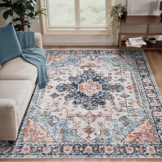 Tangsoo 3x5 Washable Area Rugs for Entryway, Vintage Non Slip Accent Rug | Oriental Print Distressed Carpet, Boho Soft Low Pile Rug for Living Room Dorm Bedroom Bedside Bathroom Entrance Blue/Orange