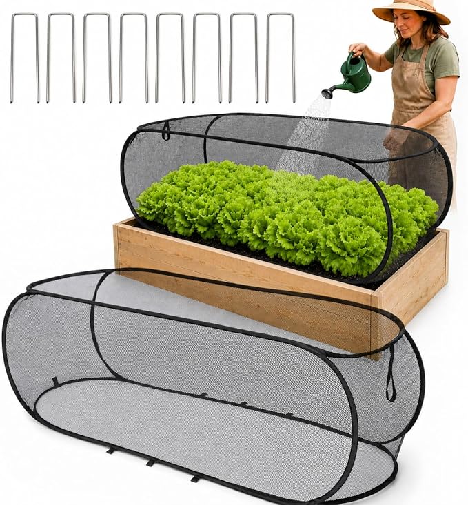 BobbleT 2 Pack Garden Covers for Raised Beds, Pop Up Mesh Plant Cover with 30% Sunblock Shade Cloth, Crop Cage for Seedlings & Vegetables, Black Outdoor Garden Bed Cover with 16 Metal Stakes