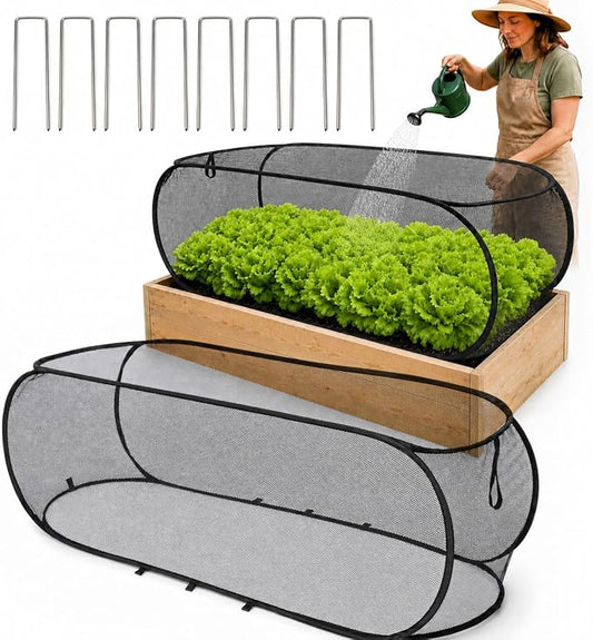 BobbleT 2 Pack Garden Covers for Raised Beds, Pop Up Mesh Plant Cover with 30% Sunblock Shade Cloth, Crop Cage for Seedlings & Vegetables, Black Outdoor Garden Bed Cover with 16 Metal Stakes