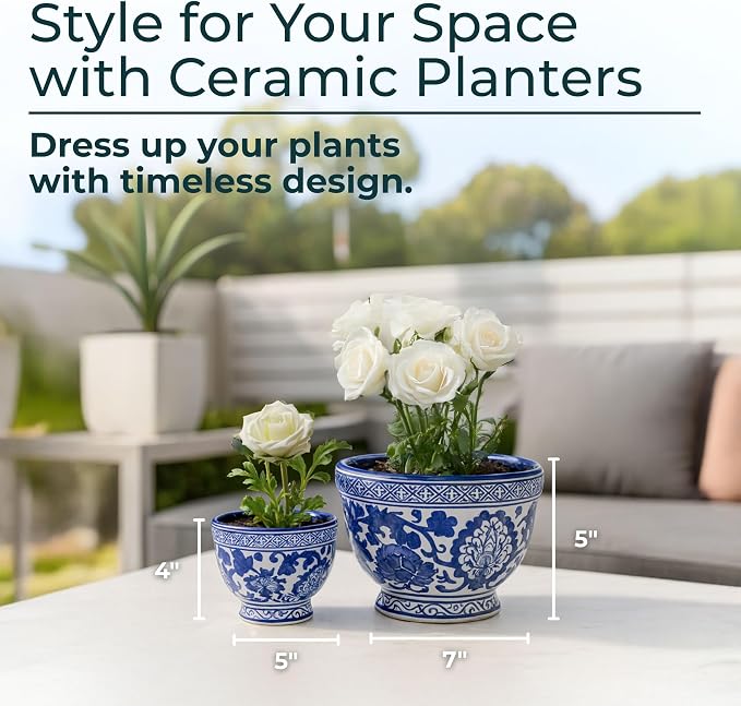 Set of 2 Bowl Chinoiserie Decorative Planter Pot with Drainage – Ceramic Outdoor & Indoor Plant Pot – Modern Garden & Home Decor Planters – 5" & 7", Blue & White