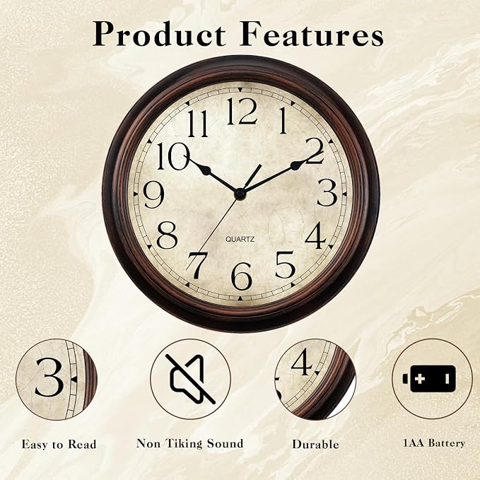 KECYET Wall Clock Battery Operated Vintage Silent Non-Ticking Analog Wall Clocks 16 Inch Small Retro Clock Decorative for Kitchen Bathroom Bedroom Home Office (Bronze)