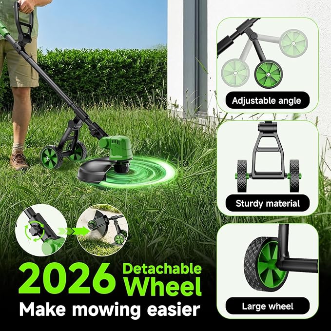 20000RPM Electric Weed Wacker Cordless, 14'' Wheeled String Trimmer Weed Eater Battery Powered, 3 in 1 Lightweight Cordless Edger Grass Trimmer Weed Trimmer with 8 Replacement Spools for Garden, Lawn