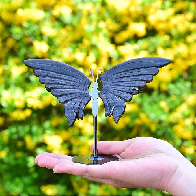 JIC Gem Large Silver Obsidian Crystals Butterfly Art Decorative Stones Natural Rocks Healing Crystal Carved Angel Wings with Display Decor Reiki Gifts (1pair, 10cm)