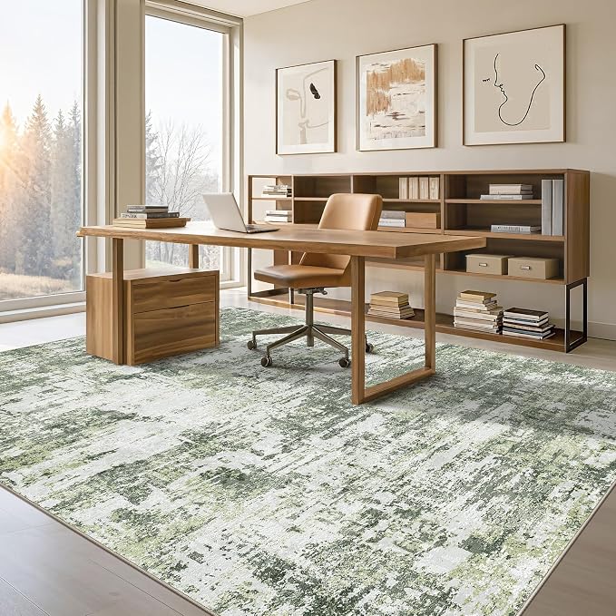 Tortania Area Rug Living Room Rugs - 8x10 Modern Abstract Neutral Large Soft Thin Rugs - Non Slip Indoor Carpet for Bedroom Dining Room Office Nursery Home Floor Decoration - Green