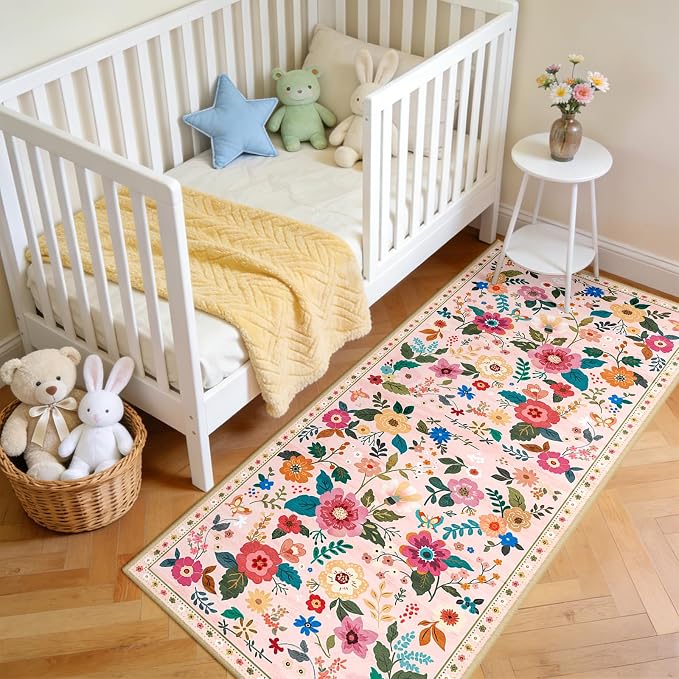 Floral Washable 2x5 Area Rugs Runner Entryway Hallway Pink | Flower Carpet, Print, Boho, Non-Slip, Easy to Clean, Low Pile, Soft, for Living Room Bedroom Kitchen Office Entrance