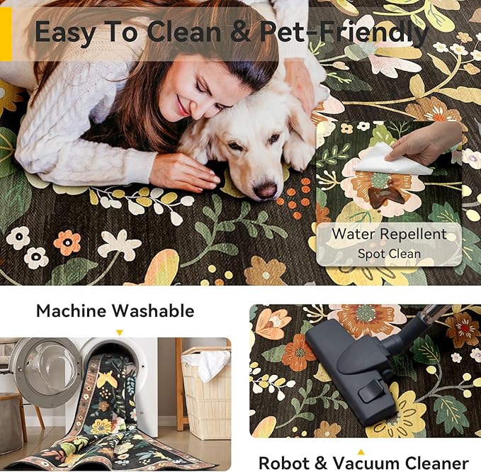 RELEANY Floral Washable 3x5 Area Rugs Black/Yellow | Flower Carpet, Print, Boho, Non-Slip, Easy to Clean, Soft, Low Pile for Living Room Bedroom Kitchen Office Entryway Hallway