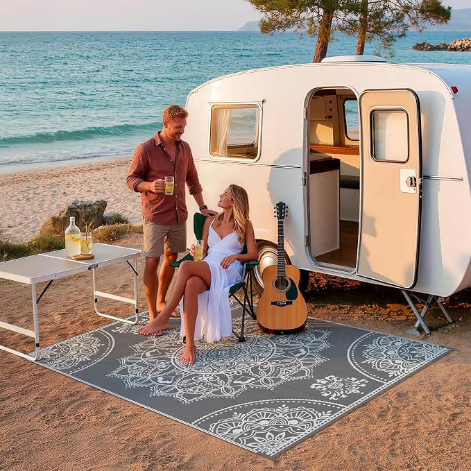 Pauwer Waterproof Outdoor Rug 6x9, Reversible Plastic Straw Patio Camping Rug, Indoor Outdoor RV Mat Carpet for Deck, Camper, Porch, Balcony, Backyard, Picnic, Floral Grey