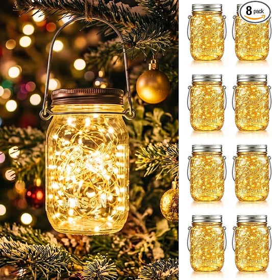 HXWEIYE 8 Pack Solar Mason Jar Lights Lanterns,Jars & Hangers Included，30LED Waterproof Hanging Outdoor Fairy Lights for Patio Garden Porch Yard Backyard Balcony Wedding(Warm White)