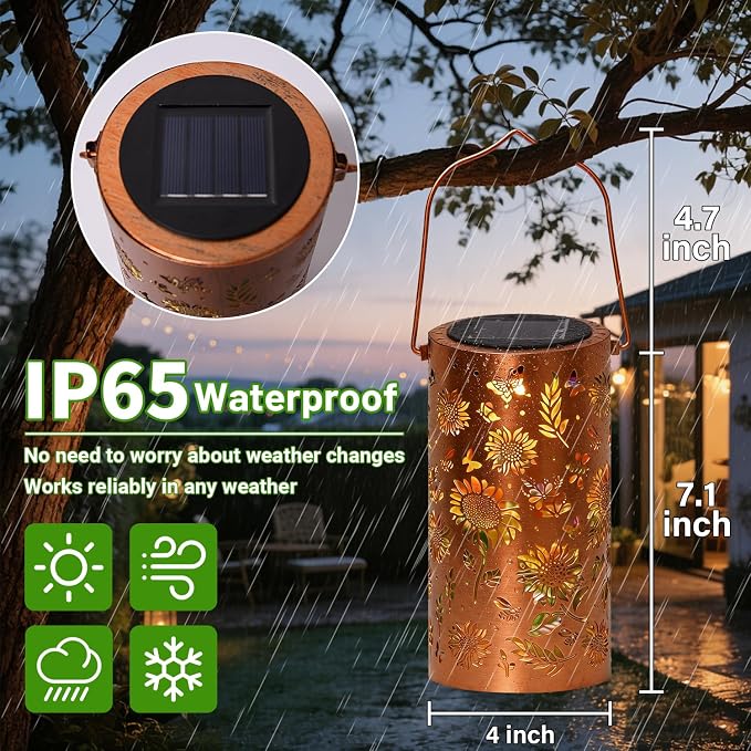 2 Pack Upgraded Colorful Sunflower Solar Lanterns Outdoor Waterproof, Decorative Metal Hanging Solar Lantern for Patio Porch Courtyard Tabletop Pathway Garden Decor, Ideal Gifts for Mom Wife Grandma