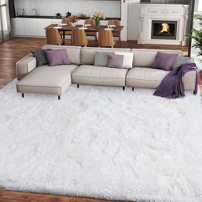 9x12 Large Fluffy Area Rugs for Living Room, White | Upgrade Non-slip, Washable, Flame Resistant, High Pile Big 9 x 12 Shag Rug Plush Carpet for Bedroom Kids Room Dorm Home Decor
