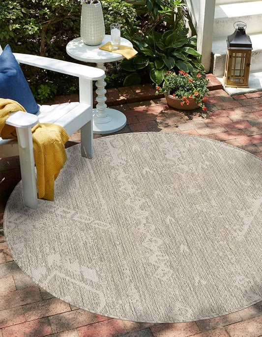 Unique Loom Outdoor Bohemian Collection Area Rug - Anthro (10' 8" Round Gray/Ivory)