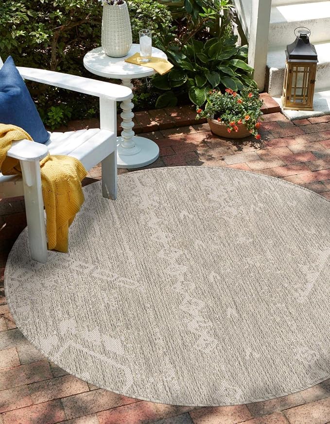 Unique Loom Outdoor Bohemian Collection Area Rug - Anthro (7' 10" Round, Gray/ Ivory)