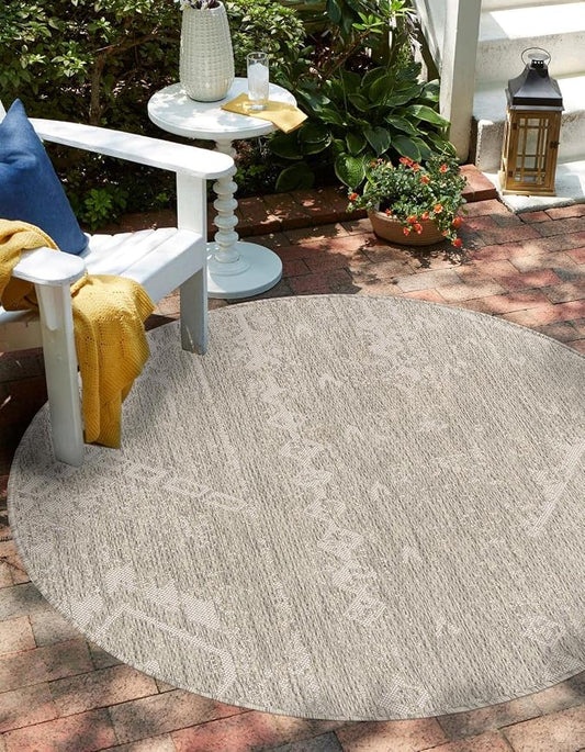 Unique Loom Outdoor Bohemian Collection Area Rug - Anthro (13' Round Gray/Ivory)