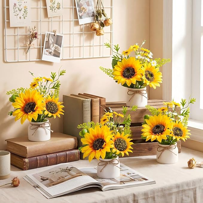 Zeyune 24 Pcs Sunflower Potted Plants Rustic Summer Spring Kitchen Wedding Table Centerpieces Silk Yellow Fake Flower with Plastic Pot for Home Bathroom Office (White,Sunflower)