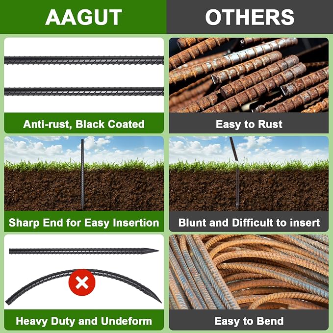 AAGUT 16 Inch Rebar Stakes Heavy Duty 16 Pack 3/8" Diameter Landscape Timber Spikes, Straight Stakes with Chisel Point End, Ground Anchors for Camping Tent, Garden Plant Support, Concrete, Black